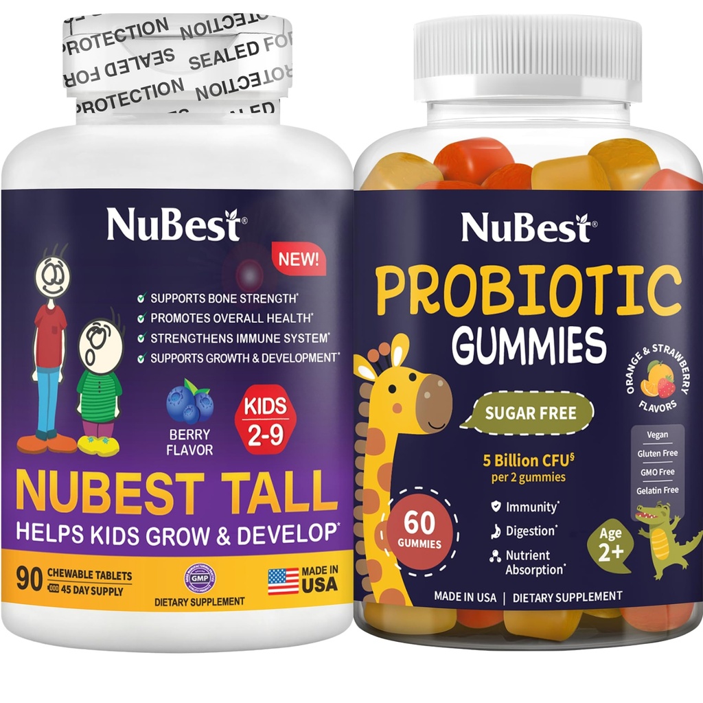 NuBest Bundle Tall Kids 90 Chewable Tablets with Berry Flavor & Probiotic Gummies Strawberry & Orange Gummies - Brain Growth, Healthy Growth and Digestive Support for Kids & Teens