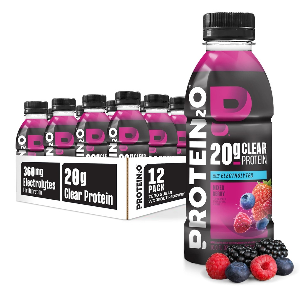 Protein2o Hydration Drink - 2-in-1 Liquid Clear Whey Protein Isolate and Electrolyte Drink - 20g Protein, Vitamins B5, B6 - Post-Workout Recovery - 16.9 Fl Oz - 12 Count Mixed Berry