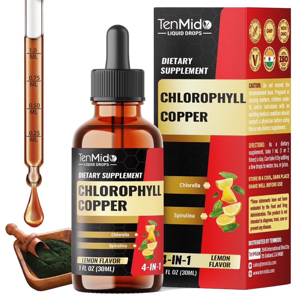 4in1 Chlorophyll Liquid Drops with Copper, Chlorella, Spirulina - Support Immune System, Digestive and Gut Health - Vegan, Non-GMO - 30 Days Supply - 1 FL Oz