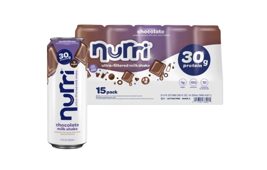 Nurri Protein Milk Shake – Chocolate Flavor, 30g Protein, 1g Sugar, 150 Calories, 10 Vitamins & Minerals, 11 fl oz Ready-to-Drink Shakes, 15 Pack