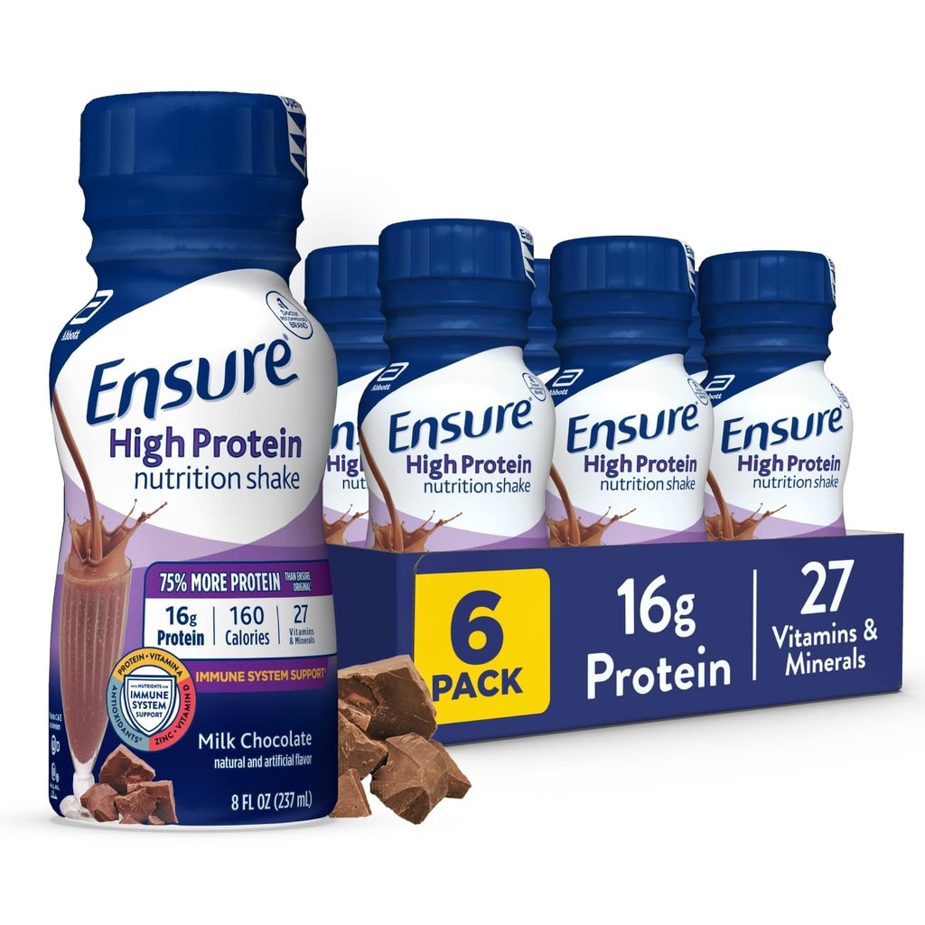 Ensure High Protein Milk Chocolate Nutrition Shake, Ready to Drink, 16g Protein and 27 Vitamins and Minerals, 8 fl oz, 6 Pack