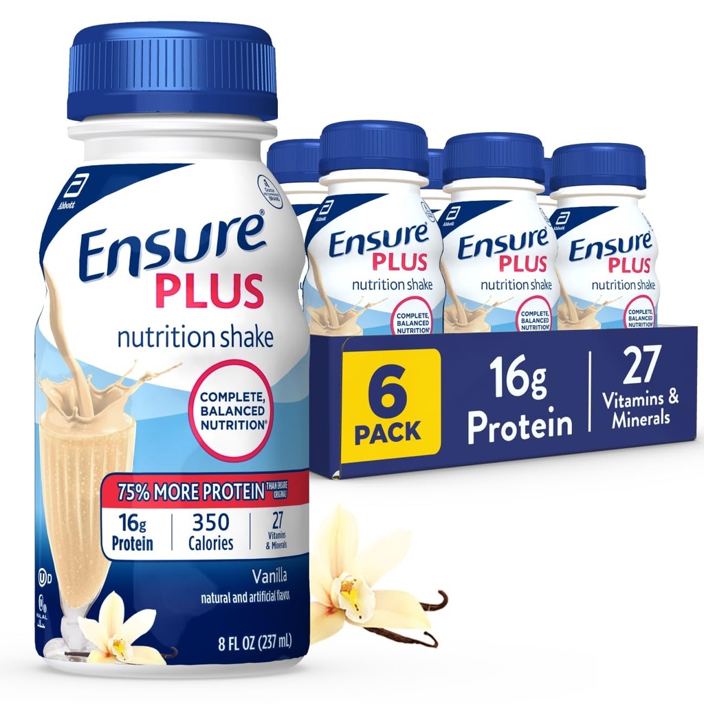 Ensure Plus Vanilla Nutrition Shake | Meal Replacement Shake | Ready To Drink | 16g Protein and 27 Vitamins and Minerals | 8 fl oz - 6 Pack