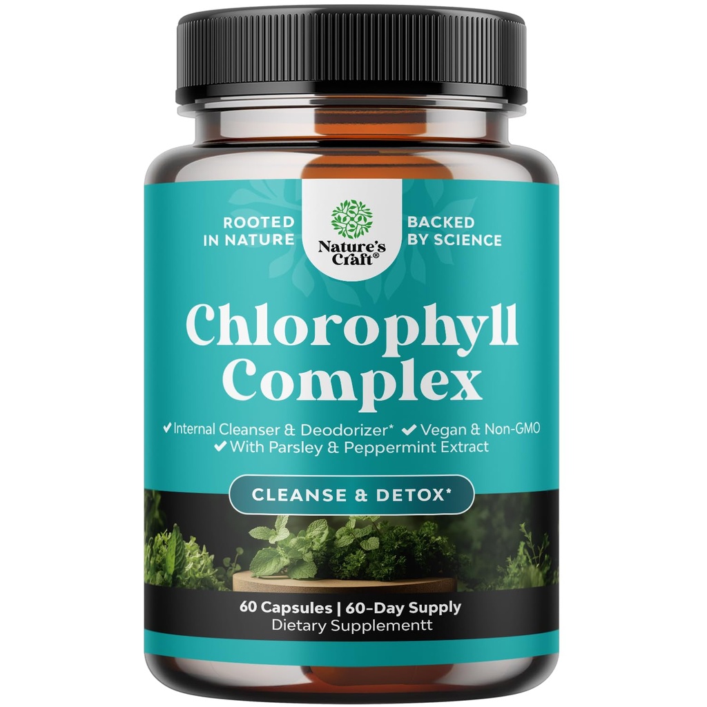 Chlorophyll Capsules for Cleanse and Detox Support - Internal Deodorant Pills for Body Odor with Mint & Parsley Extract Healthy Skin Immunity & Digestive Support - Vegan Non-GMO & Gluten Free (60ct)