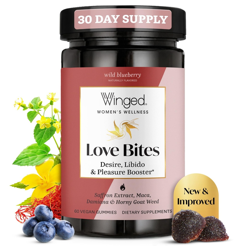 Winged Wellness Love Bites, Libido Booster for Women with Maca Root - Libido & Pleasure Booster with Horny Goat Weed & Damiana - Natural Aphrodisiac Gummy Supplement - Wild Blueberry, 60 Vegan Gummies
