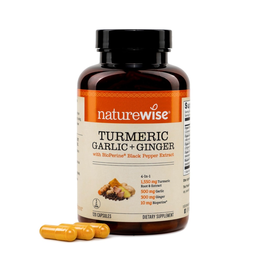NatureWise Turmeric Garlic + Ginger - BioPerine Black Pepper Extract - 4 in 1 Turmeric Supplement for Support for Mobility & Digestion - Extra Strength - US Manufactured - 120 Capsules[40-Day Supply]