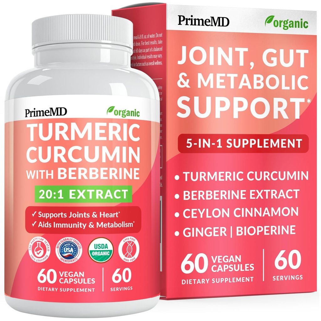 5-in-1 Organic Turmeric Curcumin Supplement (230mg) with Berberine, Ceylon Cinnamon Bioperine and Ginger Supplements for Mobility, Digestion & Wellness Support, USDA Organic (60 Count, Pack of 1)