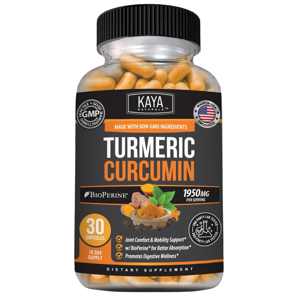 Kaya Naturals Turmeric with Bioperine - Mobility Support with 95% Standardized Curcuminoids - Curcumin - 1300mg Turmeric Capsules - 30 Capsules