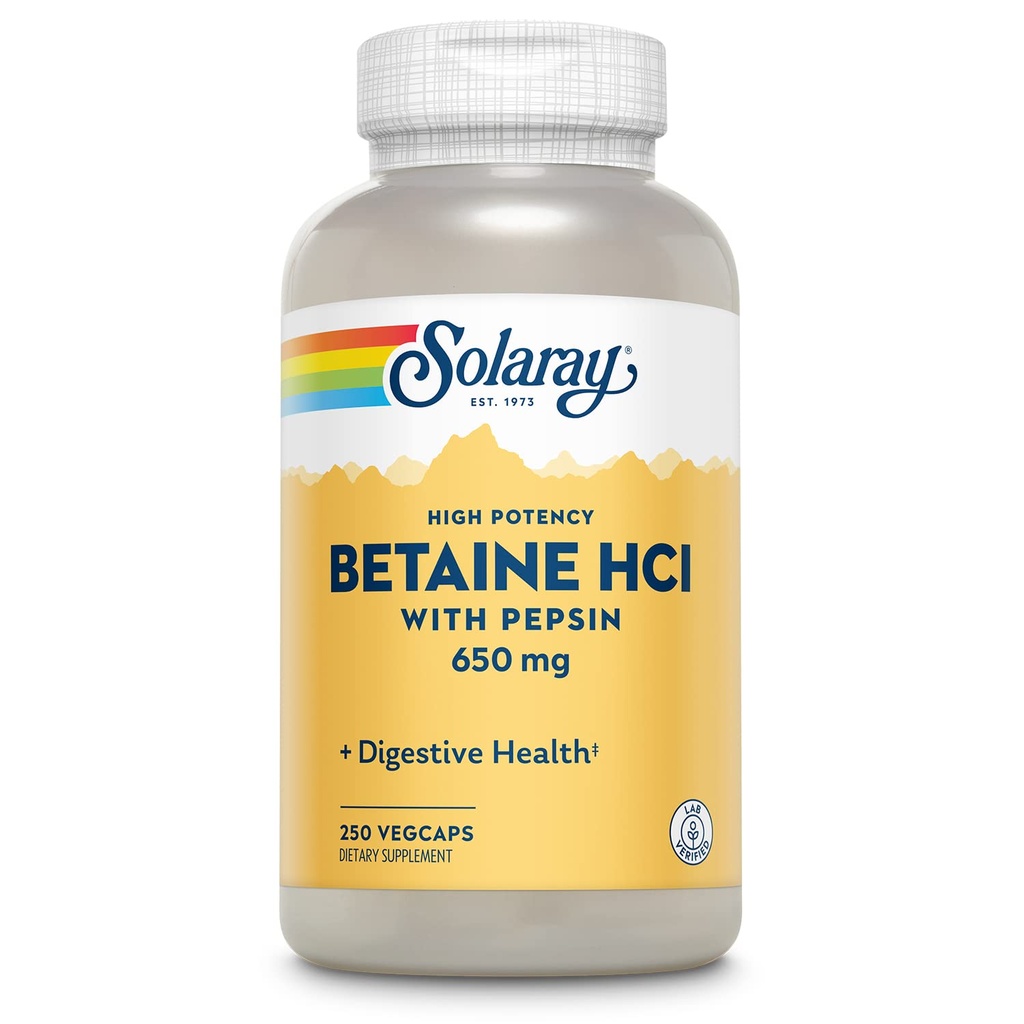 Solaray High Potency Betaine HCL with Pepsin - Hydrochloric Acid Supplement for Digestive Health - with Betaine Hydrochloride and Digestive Enzymes - Υποστήριξη για την Υγεία των Ούρων - 60 ημερών εγγύηση, 250 VegCaps