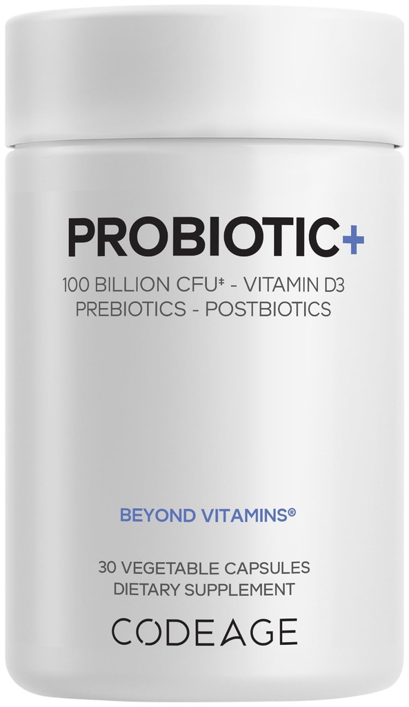 Codeage Probiotic+ 100 Billion CFU Supplement - 12-Strain Probiotic Blend, Organic Prebiotic Fiber, Postbiotics, Vitamin D3, Zinc Bisglycinate, Quercetin - for Men & Women - Non-GMO- 30 Capsules