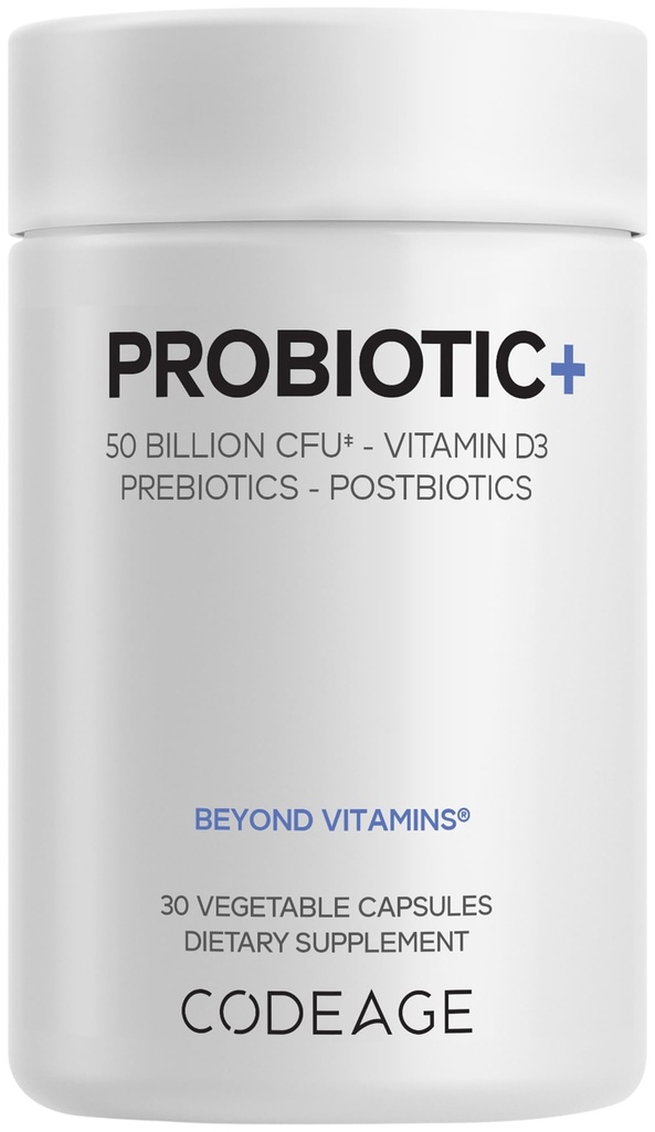 Codeage Probiotic+ 50 Billion CFU** Supplement - 12-Strain Probiotic Blend, Organic Prebiotic Fiber, Postbiotics, Vitamin D3, Zinc Bisglycinate, Quercetin - for Men & Women - Non-GMO - 30 Capsules