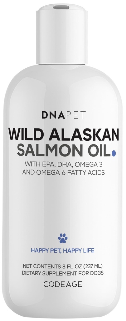 DNA PET Wild Alaskan Salmon Oil for Dogs - EPA, DHA, Omega 3 & 6 Fatty Acids for Pets - Liquid Fish Oil Supplement for Dogs - All Breeds - 8 fl oz