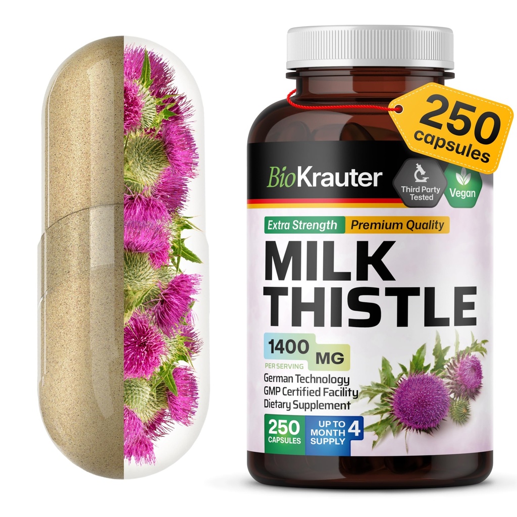 BIO KRAUTER® Γάλα Thittle συμπλήρωμα για τον καθαρισμό του ήπατος & Detox - καθαρό γάλα Vegan Thittle Extract 1400 mg ανά σερβίροντας Сontains Silymarin - 250 κάψουλες, 125 ημέρες προσφοράς, μη ΓΤΟ