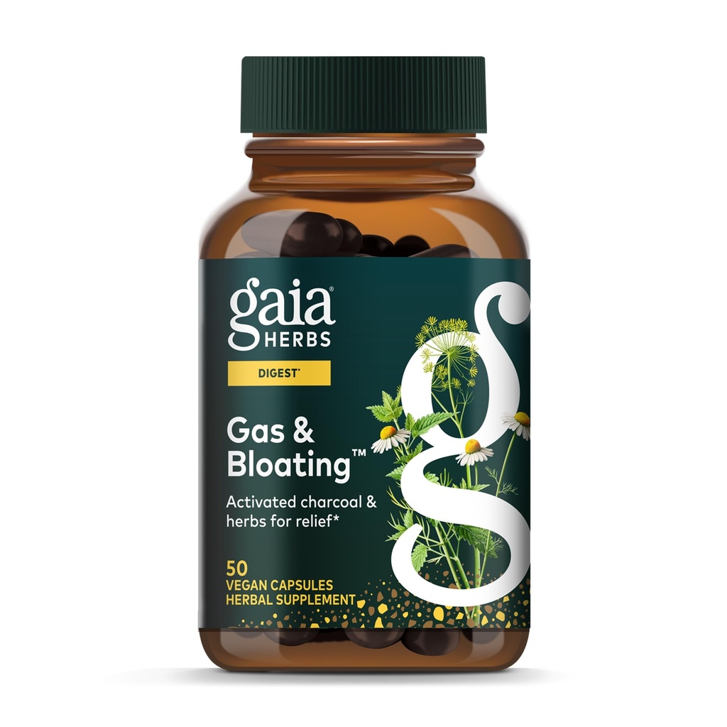Gaia Herbs Gas & Bloating - Provides Relief from Occasional Gas & Bloating* - with Activated Charcoal, Fennel & Chamomile - 50 Vegan Capsules (25 Servings)