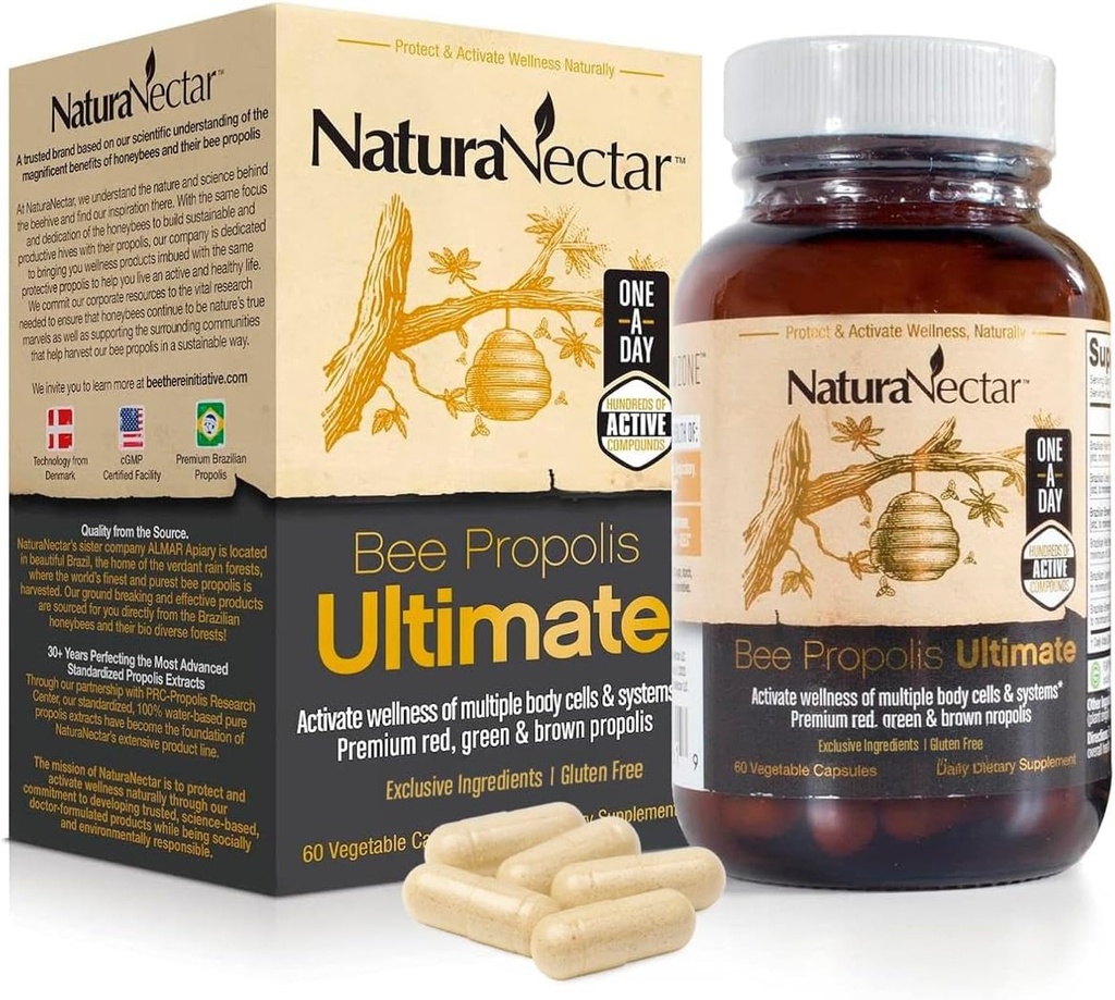 NaturaNectar - Ultimate Bee Propolis Κάψουλες - NSF Περιεχόμενα Πιστοποιημένα -Brazilian Red, Brown, & Green - Γλουτένη-ελεύθερο συμπλήρωμα με φλαβονοειδή - Φυσικά πηγάζει μέσω Ηθικής Μελισσοκομίας (60pcs.)