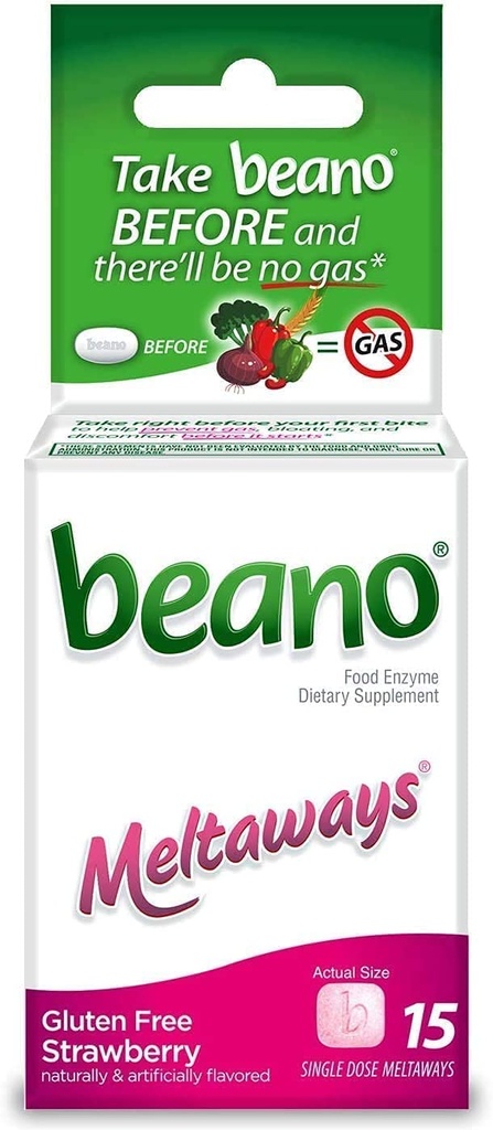 Beano Meltaways | Gas Prevention & Bloating Relief | Strawberry Flavor | 15 Count | Pack of 3