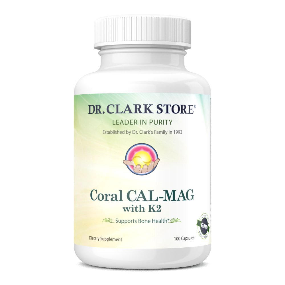 Dr. Clark Store Coral Cal-Mag K2 993mg, Calcium & Magnesium Supplement for Women and Men, 100 Gelatin Capsules, 33 Servings, Supports Bone Health & pH Balance, 72 Trace Minerals & Vitamin K2