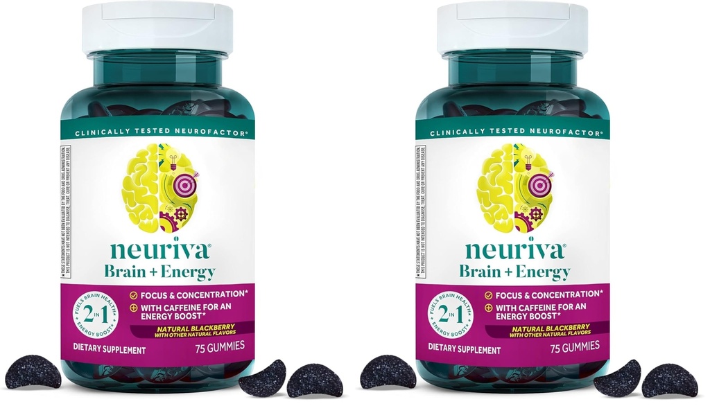 NEURIVA Brain + Energy Gummies, Nootropic Brain Supplements for Focus and Concentration with Neurofactor, Vitamin B12 & Caffeine for an Energy Boost*, 75ct Natural BlackBerry, (Pack of 2)