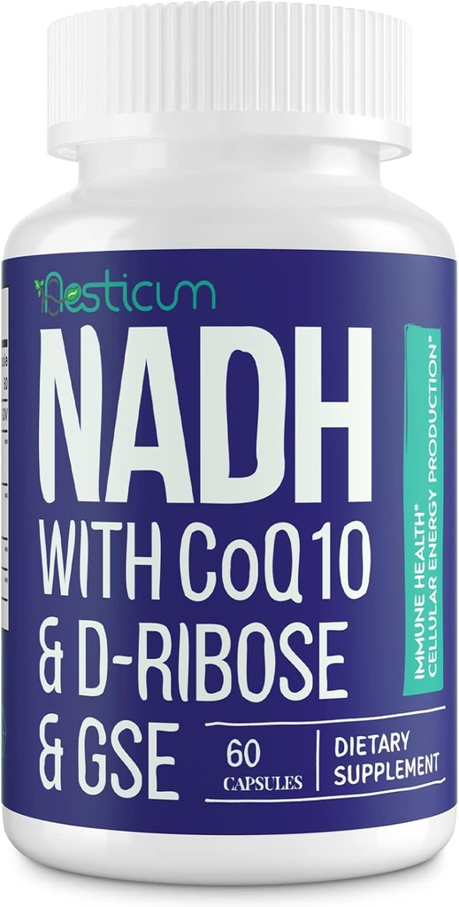 NADH 50mg + CoQ10 200mg + D-Rιβόζη 150mg συμπλήρωμα, ενίσχυση NAD+ Συμπληρώματα για ανοσοποιητικό σύστημα, Κυτταρική Ενέργεια, Εστίαση, Μειωμένη Νικοτιναμίδη Δινουκλεοτίδιο Αδενίνης, 60 Κάψουλες Veggie