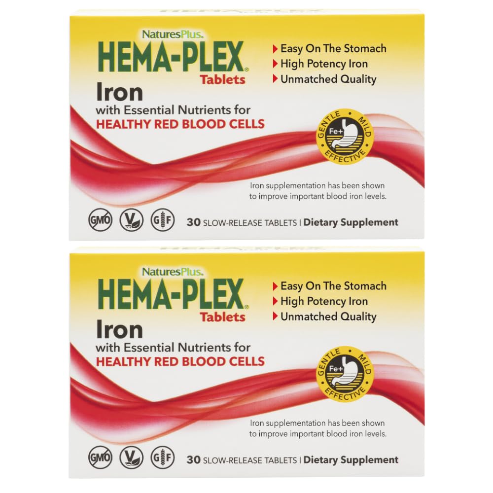 NaturesPlus Hema-Plex Iron - 30 Slow- Release Tablets, Συσκευασία των 2 - Ολική Υγεία του Αίματος - 85 mg Χηλικός Σιδήρος - με Βιταμίνη C & Bioflavonoids - Μη ΓΤΟ, Χορτοφαγικά & Χωρίς Γλουτένη - 60 Σύνολο Σερβιρίσματος
