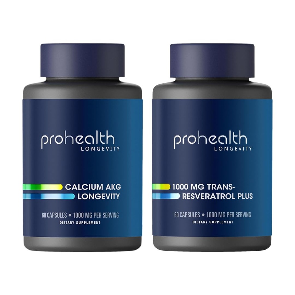 ProHealth Healthy Aging Bundle | Resveratrol 1000mg with Quercetin, Red Wine & Green Tea Extract + Ca AKG Supplement | Supports Cellular Health, Memory, Metabolic Function & Longevity | 120 Capsules
