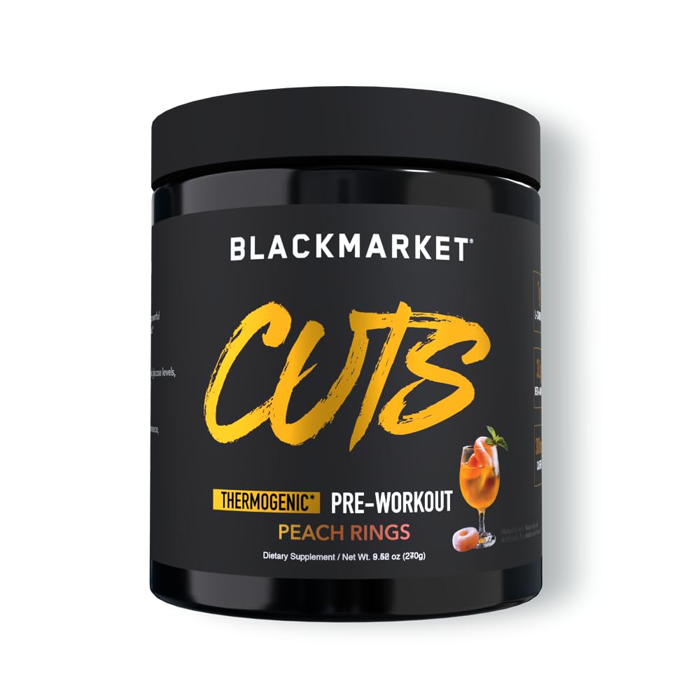 BLACKMARKET CUTS Pre Workout - Flavored Energy Powdered Drink Mix for Men & Women, Great for Muscle Definition, Thermogenic, Creatine Free, (Peach Ring, 30 Servings)