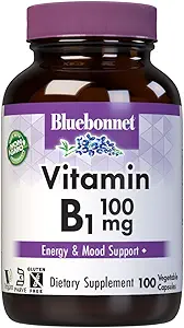 Bluebonnet Vitamin B1 100 mg - Mood Support & Energy Vitamins for Women & Men* - Thiamin HCl - Non-GMO, Vegan, Kosher, Gluten-Free - Soy & Dairy-Free - 100 Vegetable Capsules, 100 Day Supply