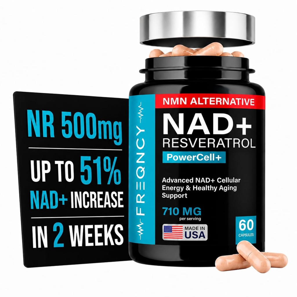 FREQNCY NAD+ Resveratrol Supplement – 500mg Nicotinamide Riboside (NR) - Anti-Aging & Cellular Energy - NAD & NMN Alternative – 60 Capsules - Vegan | Gluten Free