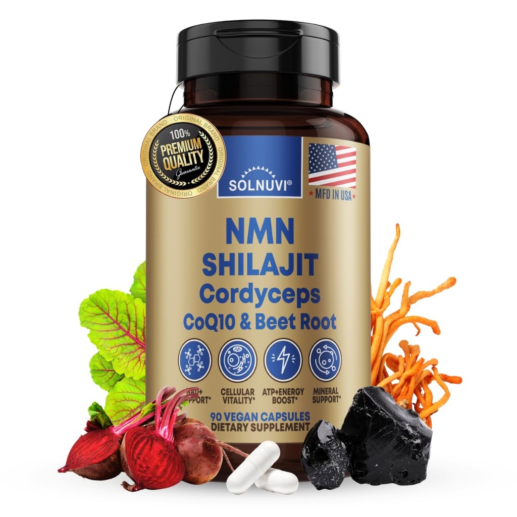 NMN 500mg & Himalayan Shilajit 50% Fulvic Acid Supplement - NAD, Mitochondria & ATP, Cellular Vitality, Trace Mineral Support - CoQ10, Cordyceps Mushroom, Beet Root Extract - 90 Veggie Capsules