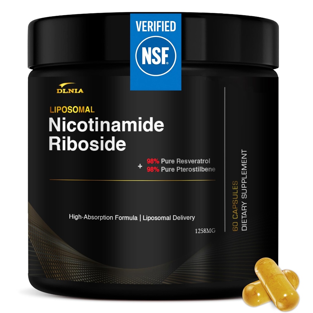 DLNIA Liposomal NAD+ Supplement & NMN Alternative | Nicotinamide Riboside (NR) 1258 mg with Resveratrol, Quercetin, Pterostilbene & CoQ10-12-Nutrient High-Absorption Cellular Energy & Healthy Aging
