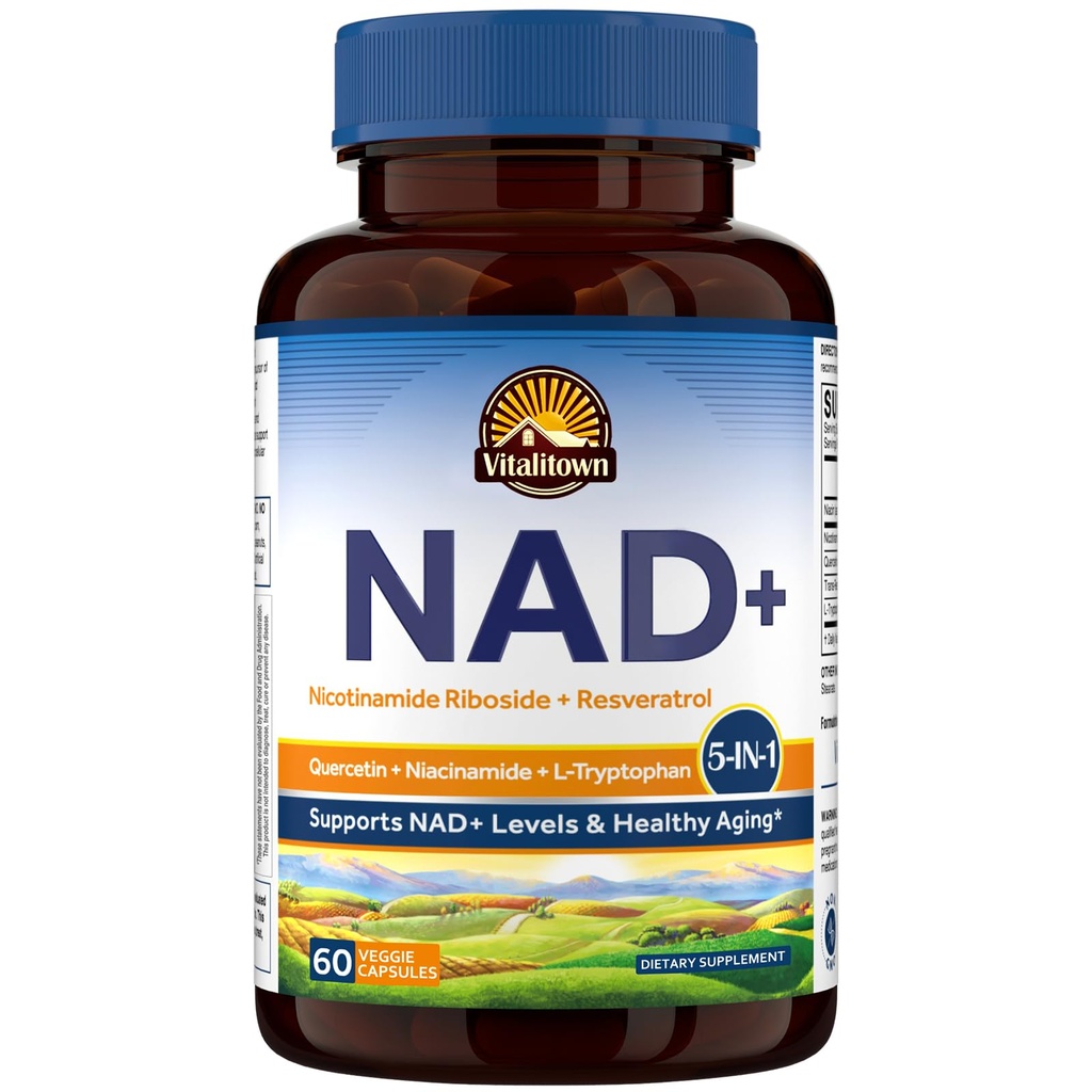 Vitalitown 5 in 1 NAD+, NMN Supplement Alternatives, Nicotinamide Riboside (NR), Trans-Resveratrol, Quercetin, Niacinamide, L-Tryptophan, for Cellular Energy, Heart, Skin, 60 Veggie Capsules