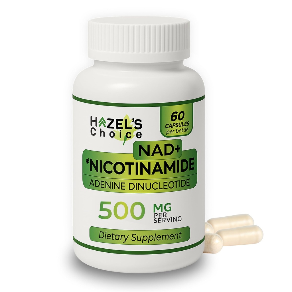 HAZEL'S Choice NAD+ Nicotinamide Adenine Dinucleotide Supplement 500mg, 60 Capsules, Supports Cellular Energy & Metabolic Function