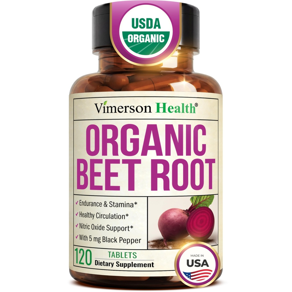 Organic Beetroot Supplement – USDA Organic Beet Root Tablets with Black Pepper for Circulation, Energy & Stamina – Nitric Oxide Support for Pre & Post Workout Performance & Endurance – 120 days supply