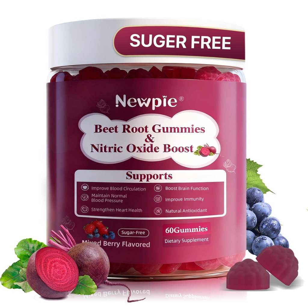 Beet Root Gummies,Super Nitric Oxide Beets Supplement,Grape Seed&Black Pepper Extract,Vitamin C & B12,Supports Blood Pressure&Energy,Mixed Berry,Organic Beetroot,60 Beet Chews