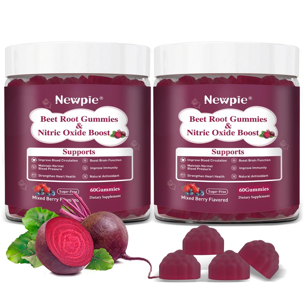 Beet Root Gummies,Super Nitric Oxide Beets Supplement,Grape Seed&Black Pepper Extract,Vitamin C & B12,Supports Blood Pressure&Energy,Mixed Berry,20:1 Beetroot,120 Beet Chews