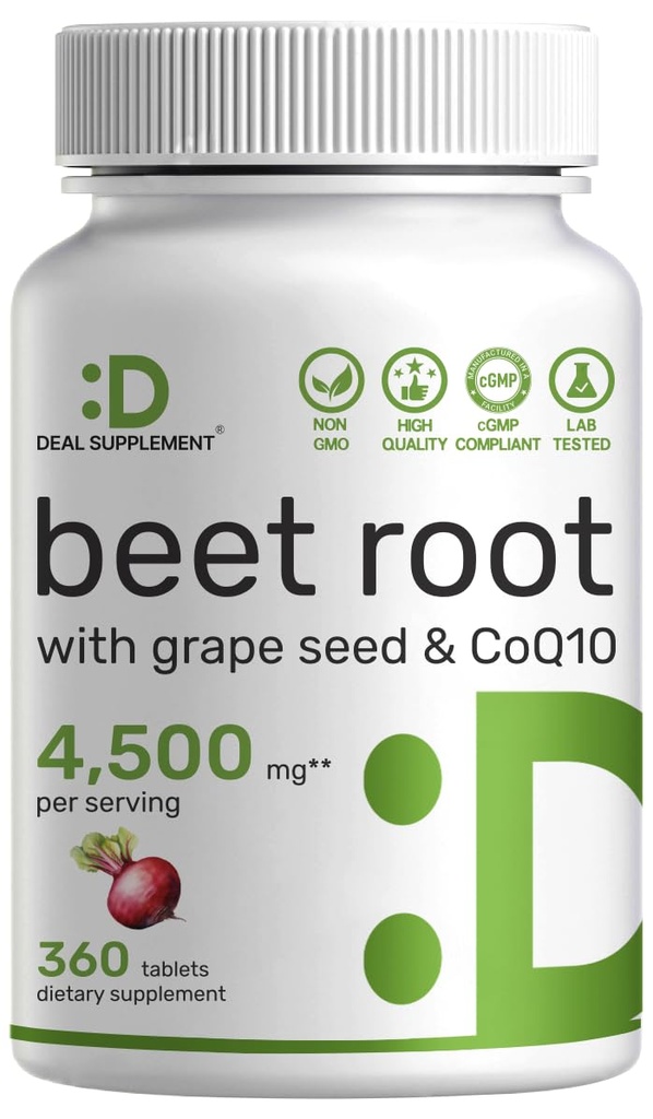 DEAL SUPPLEMENT Beet Root, 360 Tablets | 3-in-1 Beet Root Supplement with Grape Seed Extract & CoQ10 | Non-GMO, Gluten Free