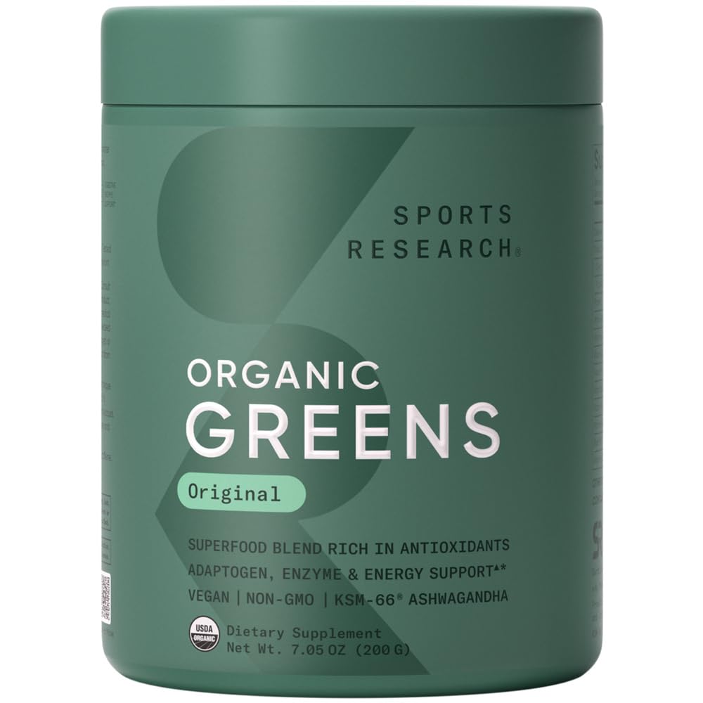 Sports Research® Organic Greens Superfood Powder w/Spirulina & Chlorella, Adaptogens, Enzymes, Probiotics & 8 VIT Bs για την υποστήριξη των ορνίθων και της διάθεσης* - Vegan, Sugar-Free & Low-Cal Original 20 Services