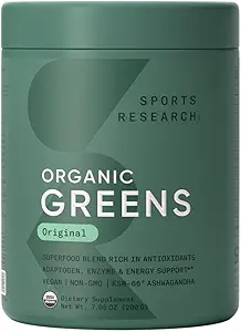 Sports Research® Organic Greens Superfood Powder w/Spirulina & Chlorella, Adaptogens, Enzymes, Probiotics & 8 VIT Bs για την υποστήριξη των ορνίθων και της διάθεσης* - Vegan, Sugar-Free & Low-Cal Original 20 Services