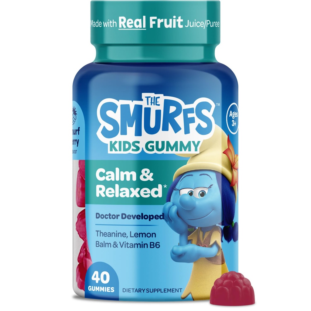 Smurfs Kids Calm Gummies | Calming Gummies for Kids with Lemon Balm & L Theanine | Made with Real Fruit | Doctor Developed | Gelatin Free Non-GMO No Artificial Flavors or Colors | 20 Servings