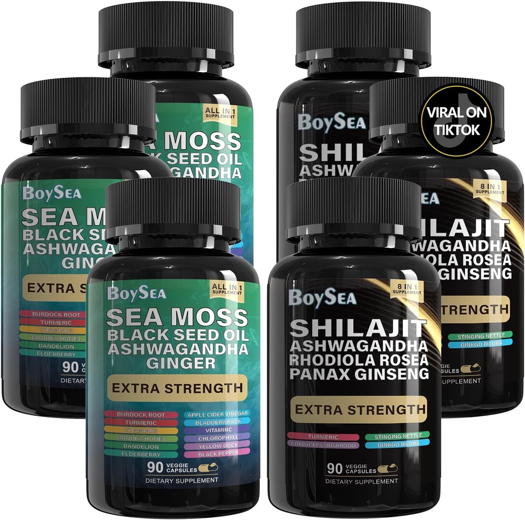 Μπόις. Shilajit και Sea Moss Bundle- 90 Count - Sea Moss, Black Seed Oil, Ashwagandha, Ginger & Shilajit, Rhodiola Rosea, Όλα σε 1 Συμπληρώματα (3 Pc)