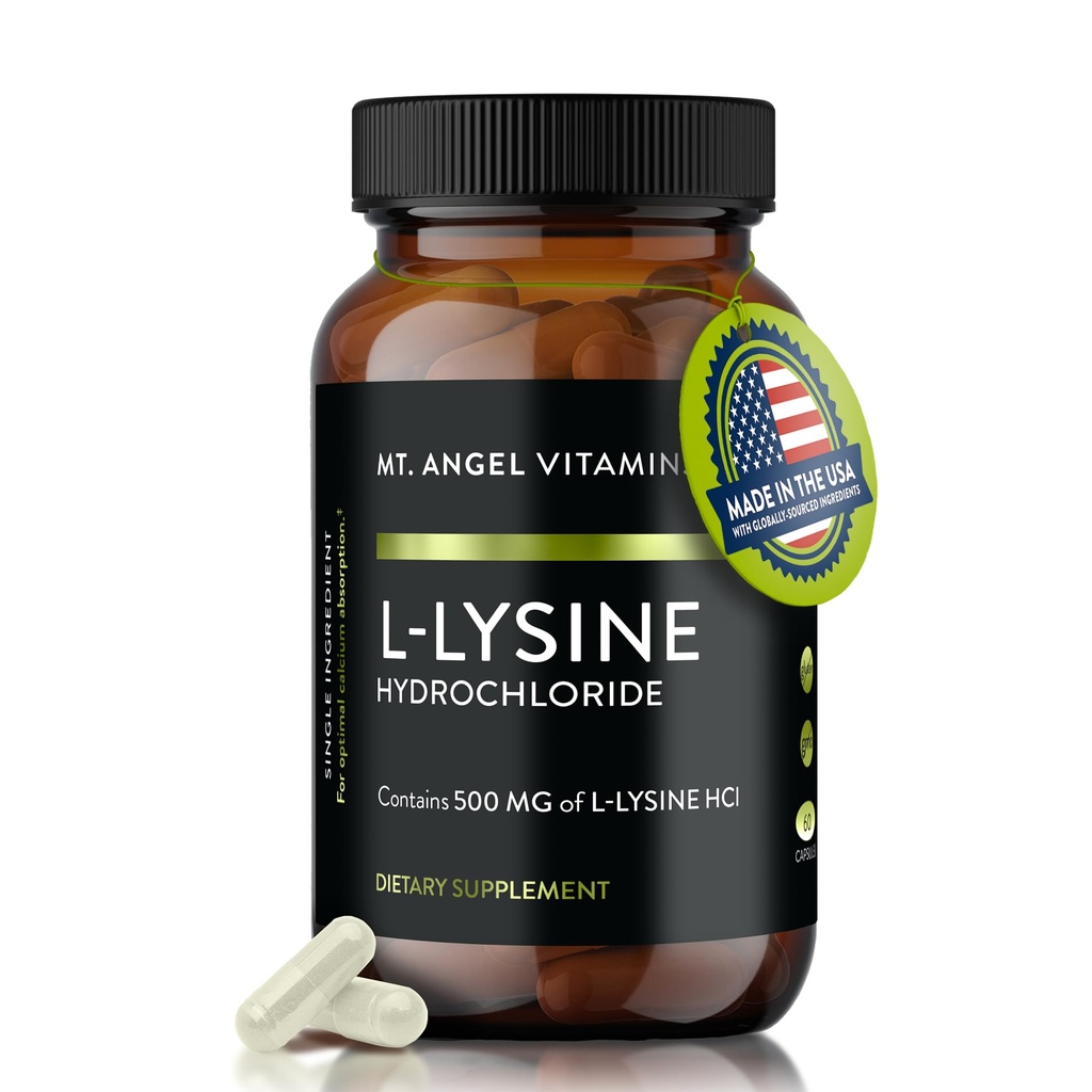 Mt. Angel Vitamins - Premium L-Lysine 500mg Capsules – Vegan-Friendly Essential Amino Acid – Supports Immune System & Collagen Formation – Non-GMO – 60 Capsules