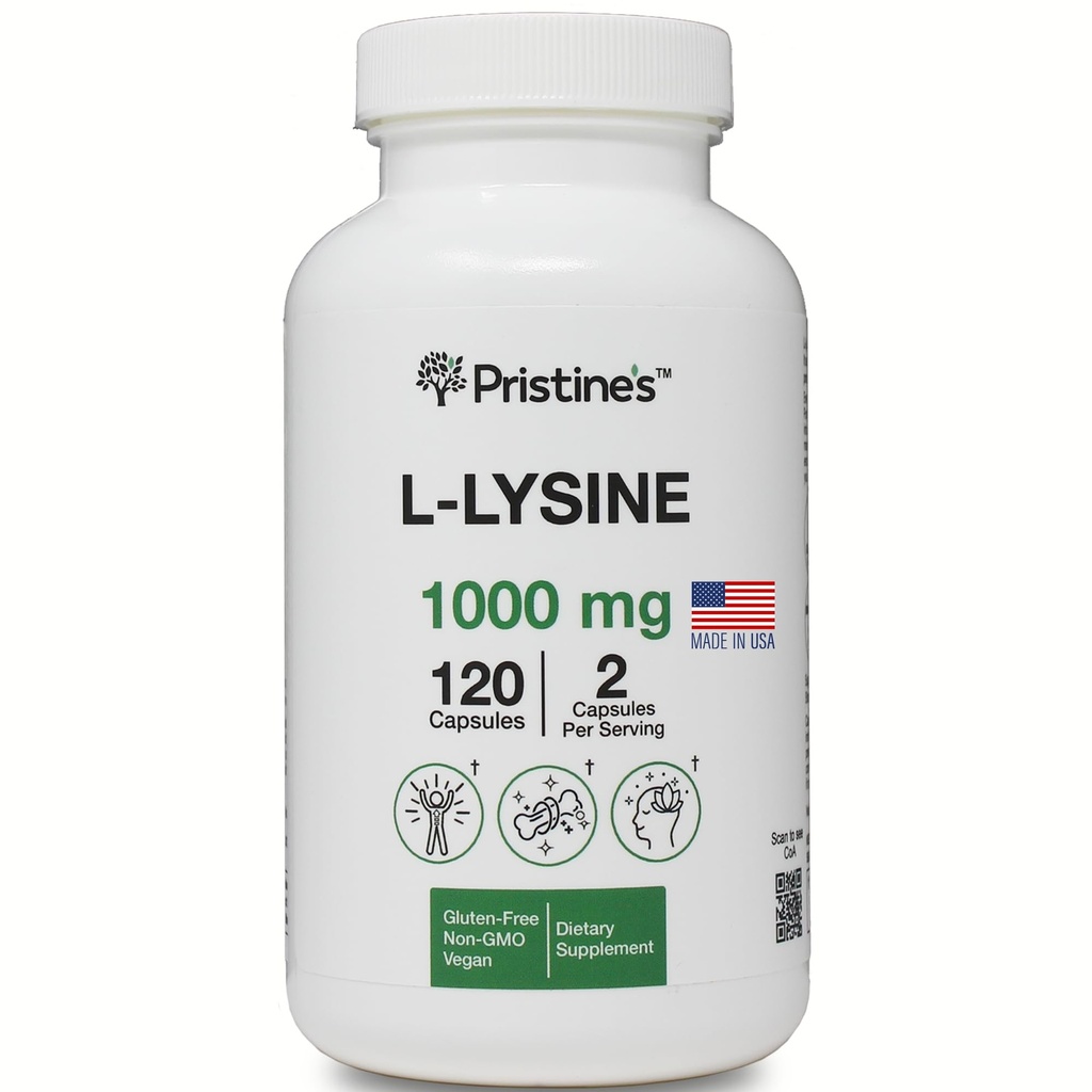 PRISTINE'S L Lysine 1000MG 60 Day Supply - Lip & Gum Health Essential Amino Acid & Immunity Support Supplement - Optimal Muscle & Tissue Support - Collagen Production - Vegan - Gluten Free