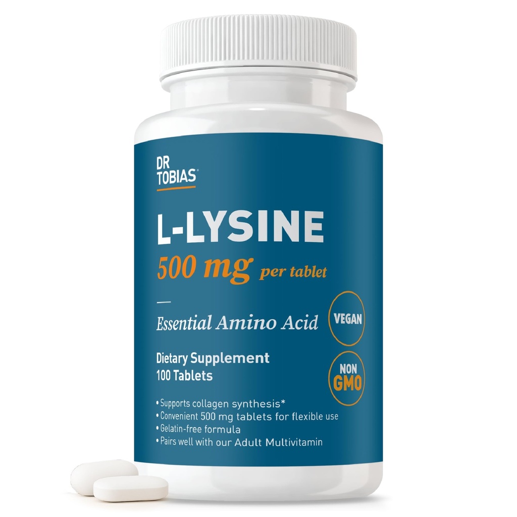 Dr. Tobias L-Lysine 500 mg Tablets | Essential Amino Acid for Daily Wellness | Supports Collagen Synthesis* | Vegan, Non-GMO, Gelatin-Free Lysine Supplement | 100 Tablets