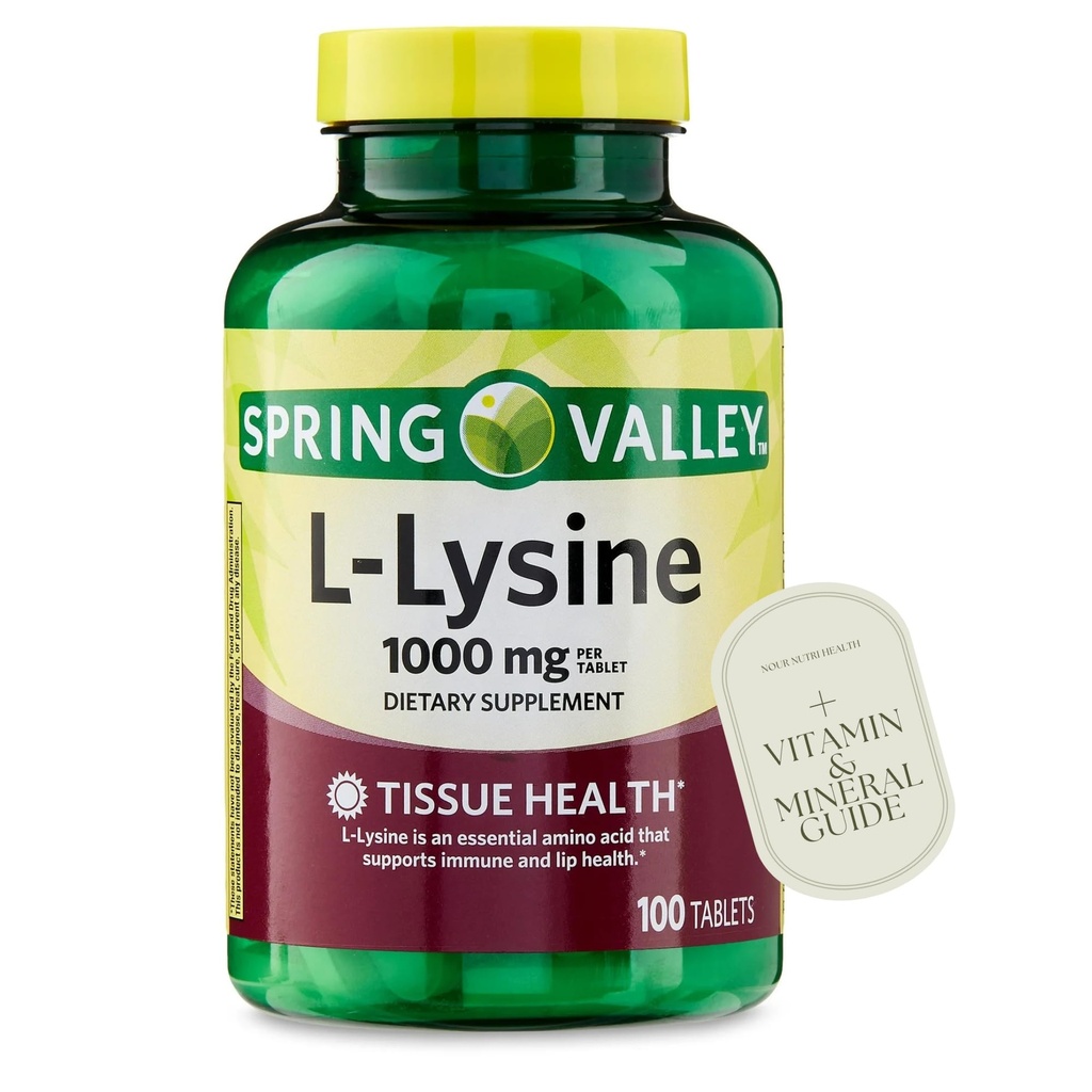 L-Lysine 1000mg Tablets – Essential Amino Acid for Immune Support, Collagen Formation, and Skin Health – High-Potency Lysine Supplement, 100 Count, Gluten-Free Vitamin Guide Included