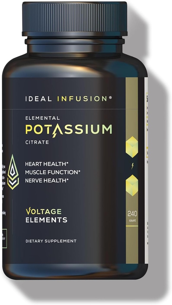 Voltage Elements Potassium Citrate 1430mg - Heart & Kidney Health, Electrolyte Balance, Nerve Function - Elemental Potassium 500mg (240 Capsules) Vegan