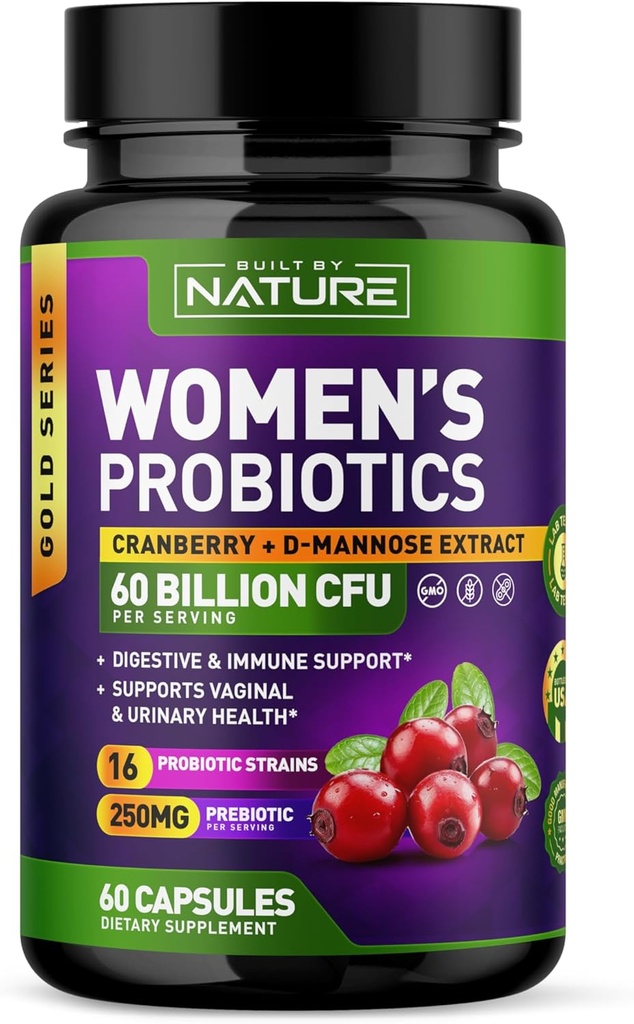 Probiotics for Women - 60 δισεκατομμύρια CFUs, 16 στεφάνες, με Cranberry, D-Mannose & Prebiotics - Υποστηρίζει Digestive, ανοσοποιητικό, & Κολπική Υγεία - Μη ΓΤΟ, Γαλακτοκομικά & Χωρίς Γλουτένη - 60 κάψουλες Veggie