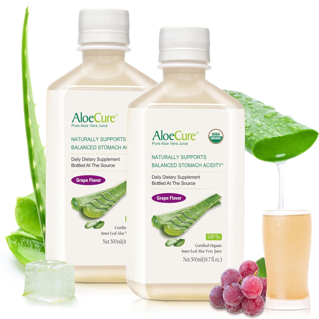 AloeCure USDA Organic Aloe Vera Juice Grape Flavor, Made Μέσα σε 12 ώρες από τη συγκομιδή - Pure Aloe Vera Digestive & Immune Health Supplement, Βοηθά στη διατήρηση της ισορροπημένης οξύτητας στο στομάχι, 16,7oz x 2 Btls