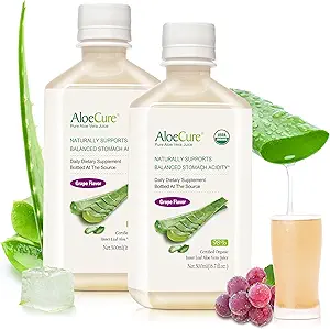 AloeCure USDA Organic Aloe Vera Juice Grape Flavor, Made Within 12 Hours of Harvest - Pure Aloe Vera Digestive & Immune Health Supplement, Helps Maintain Balanced Stomach Acidity, 16.7oz x 2 Btls