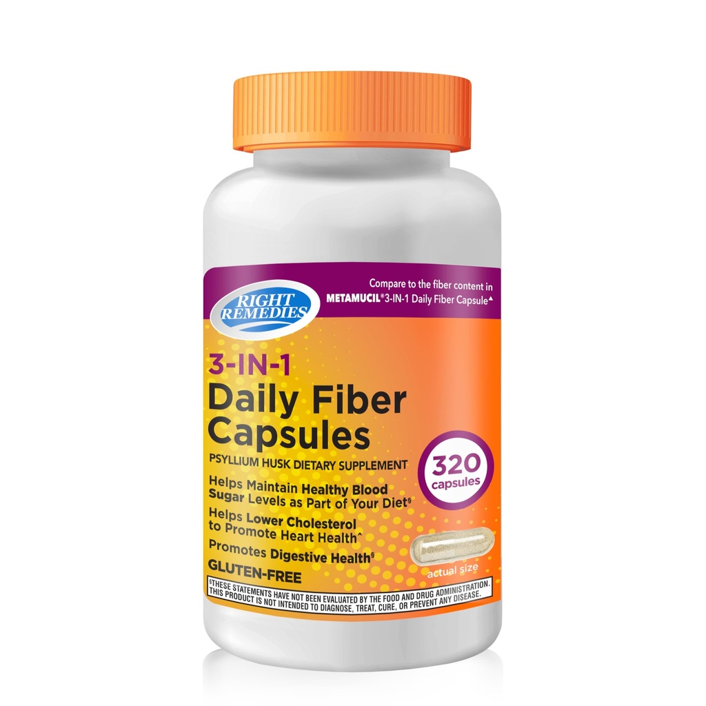RIGHT REMEDIES 3-in-1 Daily Fiber Capsules, Psyllium Husk 500mg, Dietary Plant Based Supplement, (320 Capsules), Digestive Health