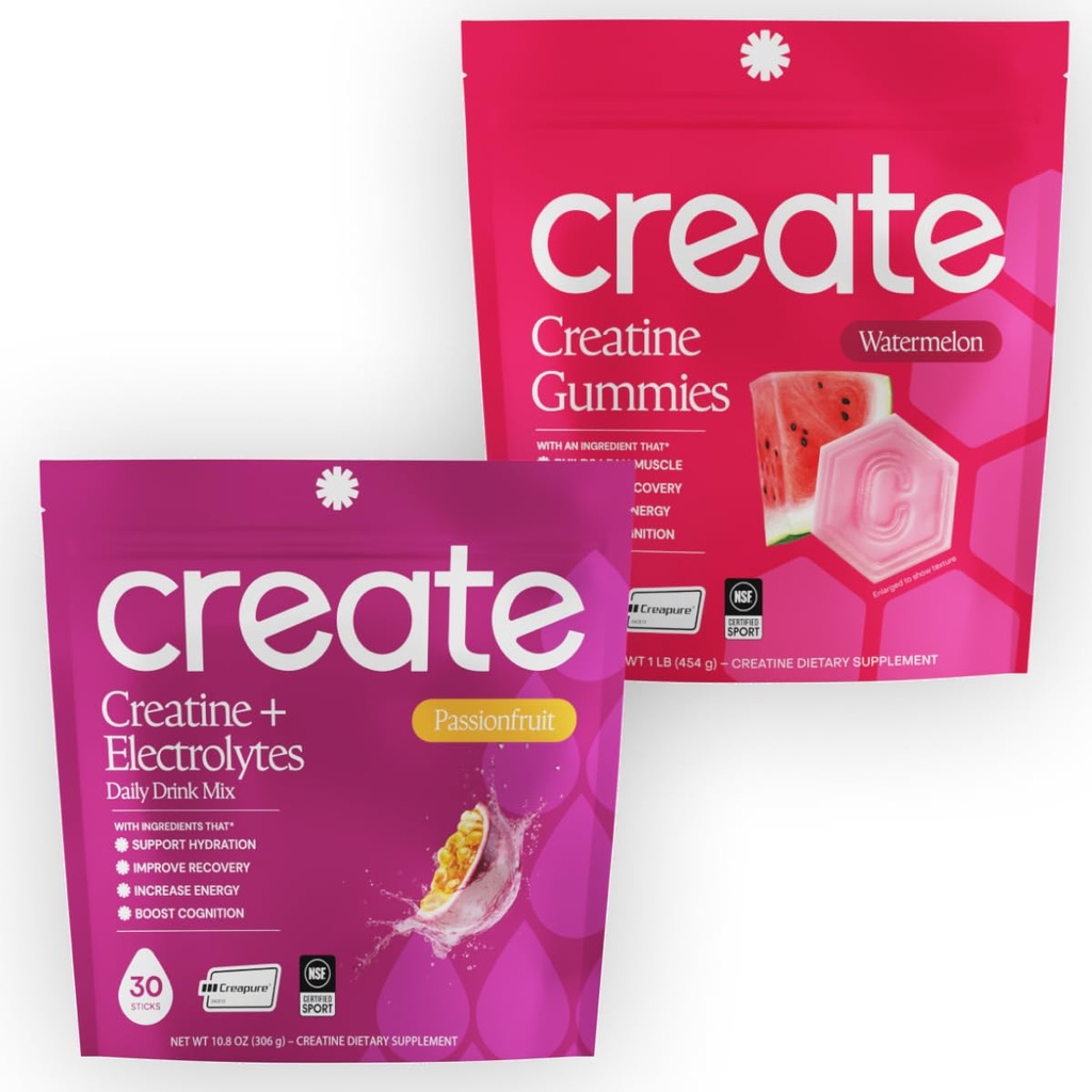 Create Mother's Day Bundle - Creatine Gummies (Watermelon, 90ct) & Creatine + Electrolytes Stick Packs (Passion Fruit, 30ct), NSF Certified, Made with Creapure, Energy & Hydration for Moms