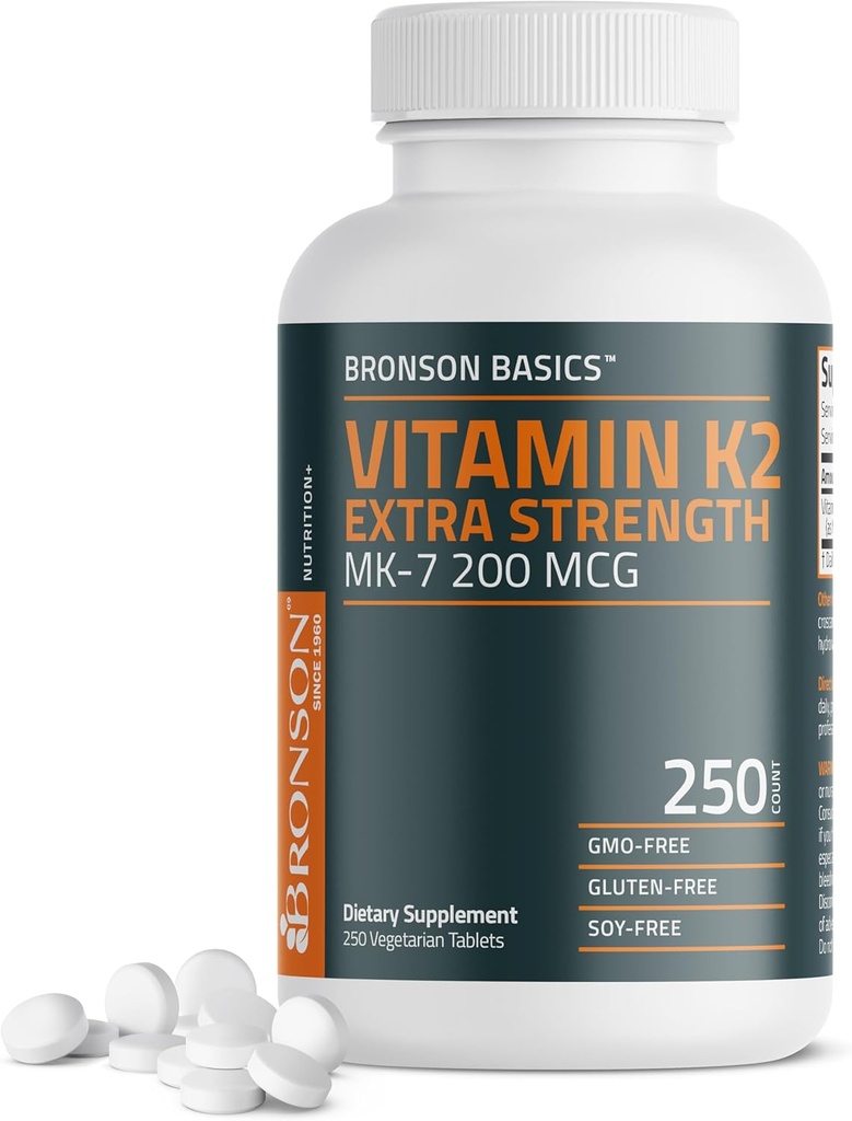Bronson Βιταμίνη K2 MK-7 200mcg Επιπλέον δύναμη, 250 χορτοφαγικά δισκία